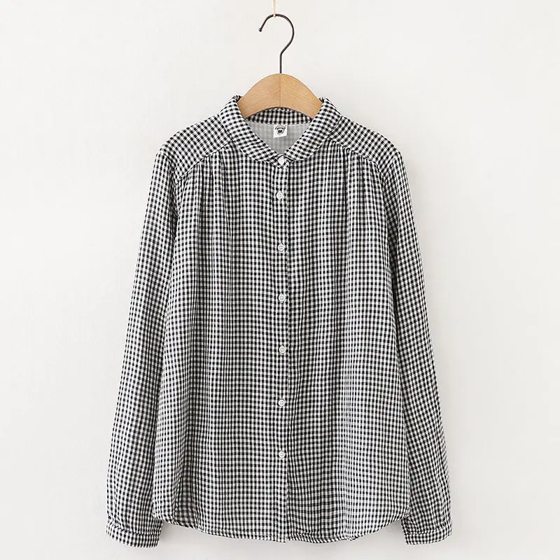 Women 100% Cotton Yarn Checkered Blouse Mori Girl Japan Fashion Long Sleeve Plaid Tops for Women 2024 Spring Shirts