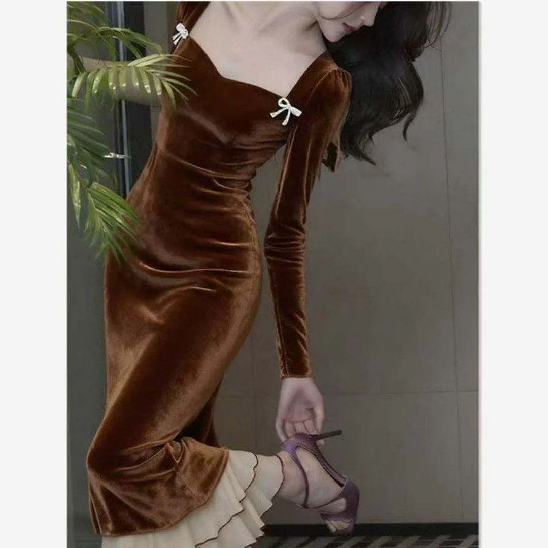 

Элегантное однотонное бархатное платье во французском стиле Хепберн, женское весеннее новое тонкое повседневное длинное платье с квадратным воротником и длинным рукавом