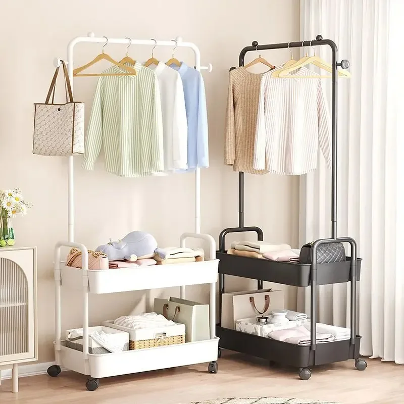 Simple Clothes Rack Clothesline Ground Mounted Wheeled Mobile Hanger Multi Functional Living Room Bedroom Storage Rack Coat Rack