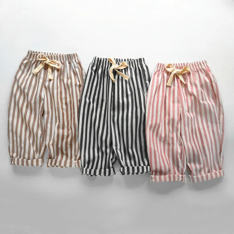 Spring Summer Boys Striped Loose Pant Baby Girl Vintage Casual Linen Cotton Harlan Pants Kids Tousers Children Clothing