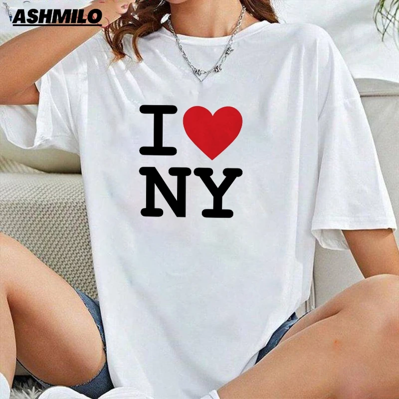 Camiseta casual de manga curta feminina, estampa de letras, eu amo NY, blusa Harajuku, streetwear verão, Y2K, hip-hop, verão