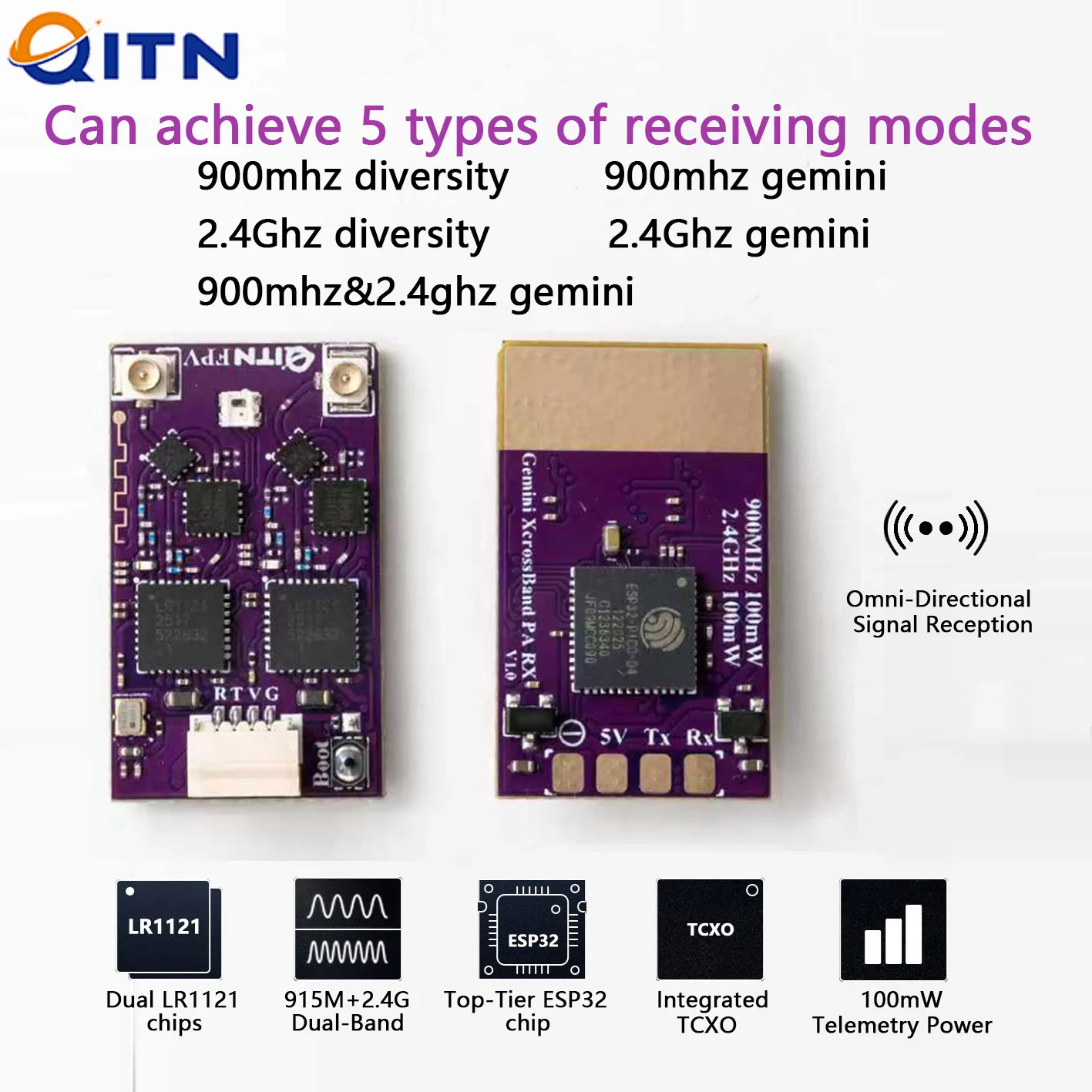 1/5 قطعة QITN 915 ميجا هرتز 2.4 جيجا هرتز ELRS ثنائي النطاق الجوزاء استقبال المدمج في ESP32-D4 LR1121 TCXO رقاقة ل RX FPV سباق طويلة المدى الطائرة بدون طيار