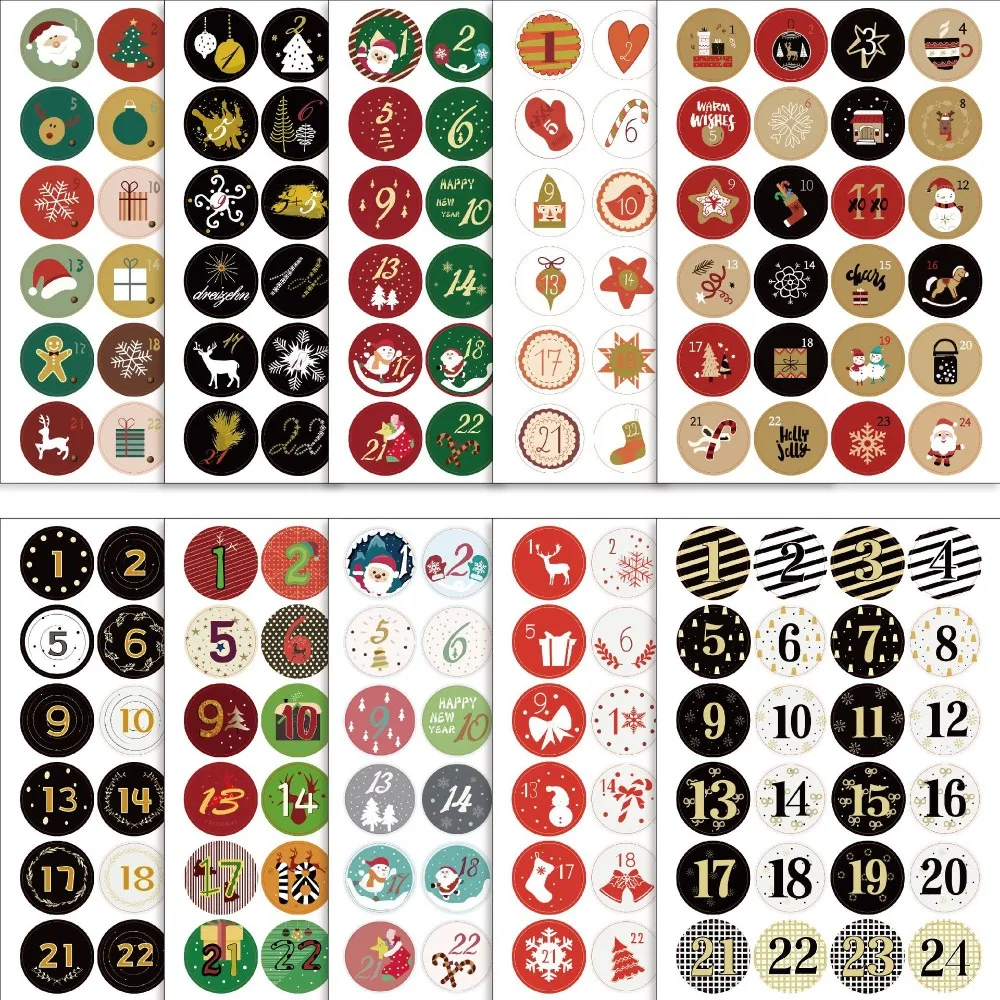10 Sheets Set Numbered Stickers Christmas Countdown Calendar Stickers Irregular Cartoon Christmas Advent Calendar Stickers