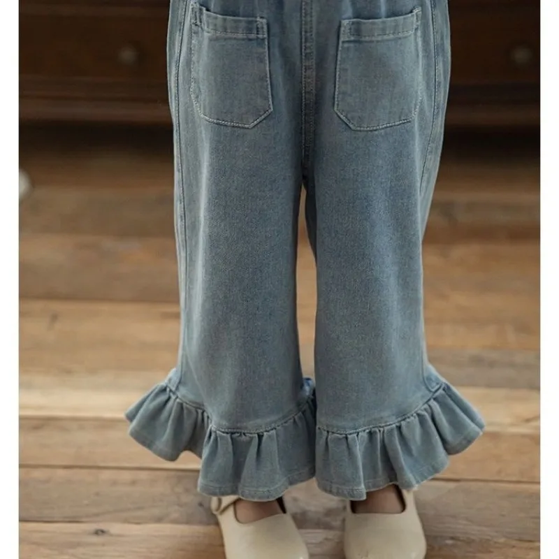 السراويل الفتيات ربيع الخريف بلون الجينز مع أرجل مستقيمة واسعة الساقين الدانتيل الساقين بناطيل كاجوال منتج جديد عصري 2025 #1