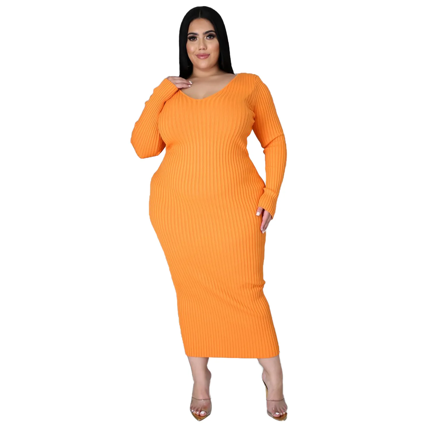 

Wsfec L-5XL Plus Size Dresses for Wome Clothing 2023 Solid Color Long Sleeve Rib Bodycon Sexy Elegant Long Party Dress Wholesale