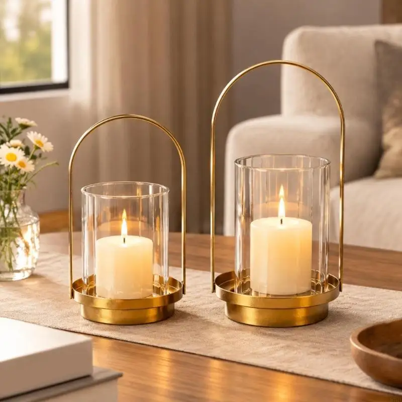 Storms Holders with Glass Sleeve Metal Frame Table Centerpieces with Metal Frame, Fluted Glass, and Arched Handle 87HA