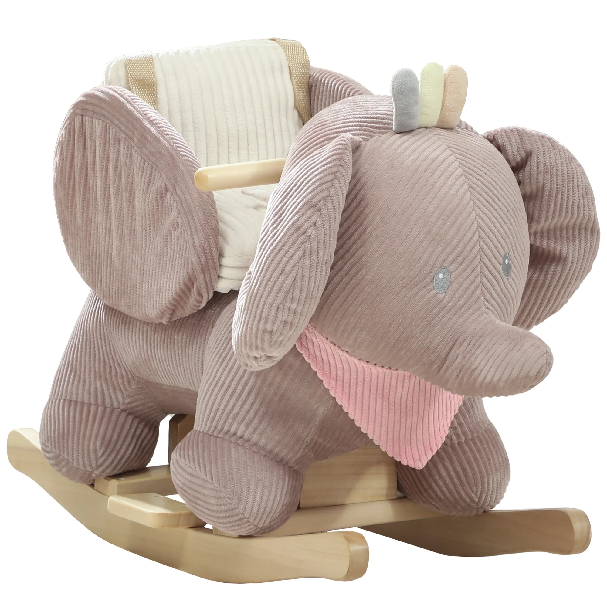 Aiyaplay Baby Schommelpaard met Olifantgeluid en 3-punts veiligheidsgordel Bruine Houten Basis
