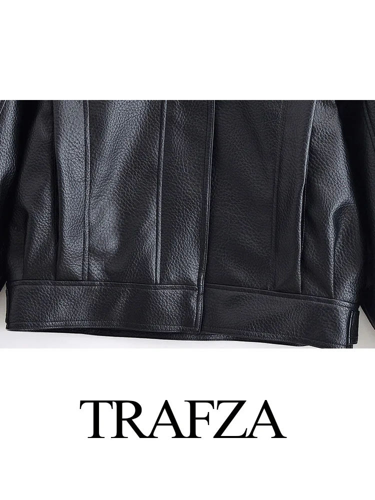 

TRAFZA 2025 Autumn Woman Fashion Texture Leather Jacket Women Long Sleeves Lapel Pleated Zipper Design Street Short Coats
