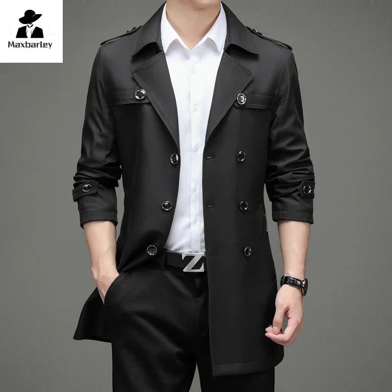 

British Style Trench Coat Men's Medium and Long Styles Autumn Luxury Brand Suit Collar Jacket Business Casual Pocket Trench Coat