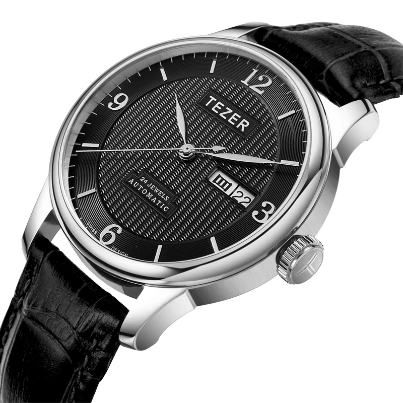 TEZER Men Automatic Watch | Day‑Date Window | Sapphire Glass | 50M Water Resistant Classic Business Mechanical Wristwatch