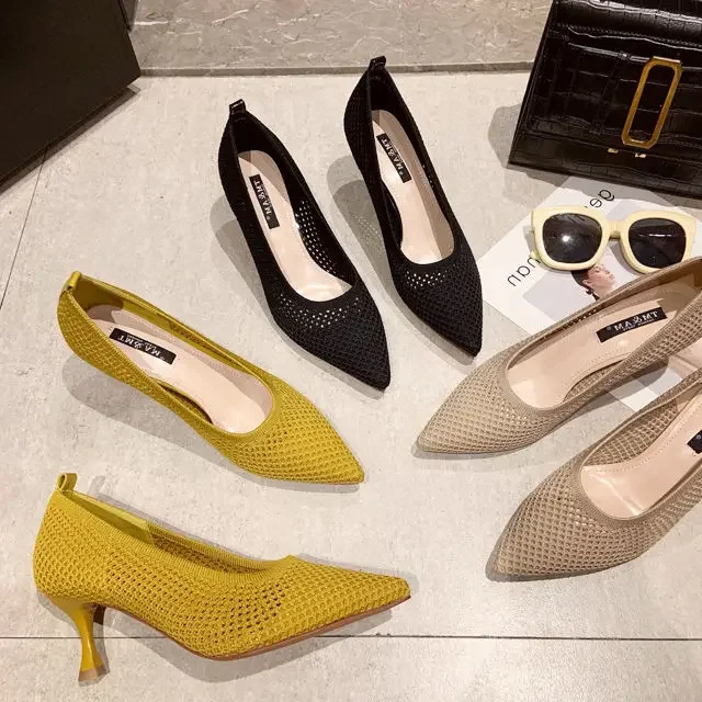 Damskie czółenka letnie wygodne trójkątne buty na obcasie na szpilkach seksowne pojedyncze buty siatka tkana oddychające buty damskie