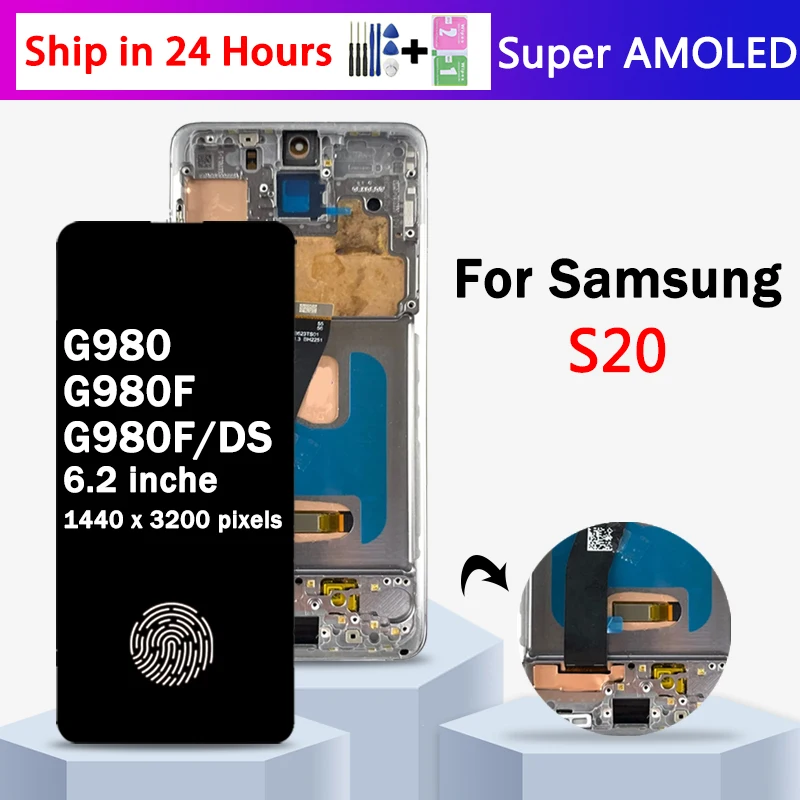 Super AMOLED S20 Screen For Samsung  S20 4G G980F SM-G980F/DS LCD Display with Frame Touch Screen Digitizer Assesmbly