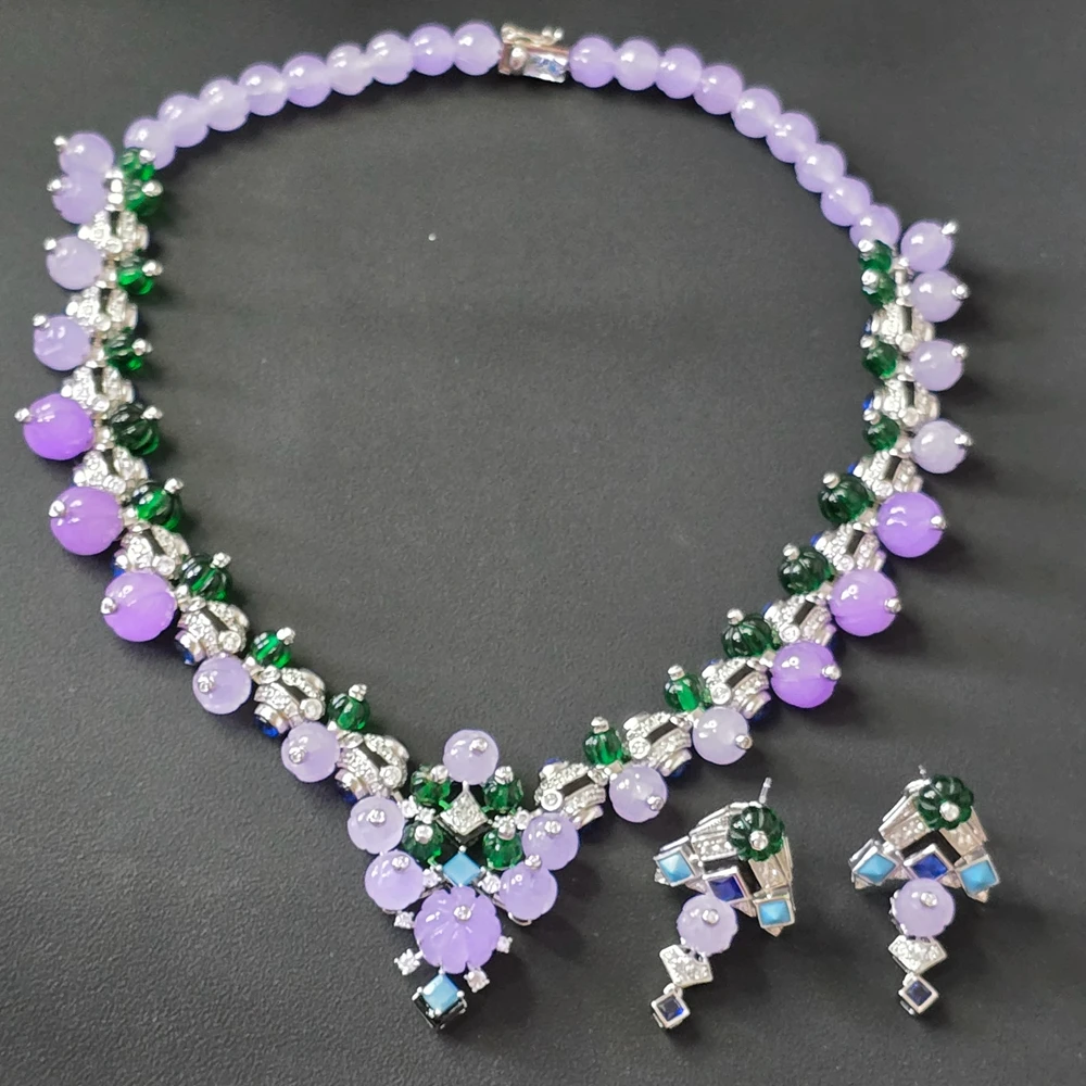 KQDANCE Solid 925 Silver With Synthetic Green Purple Gemstone Colorful Fruit Style Necklaces And Earrings Fine Jewelry Sets