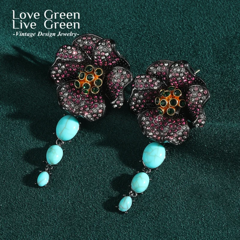 

Vintage Black Rose Flower Drop Earrings For Women High Quality Natural Luxury Designer Turquoise Jewelry 2025 New Trends