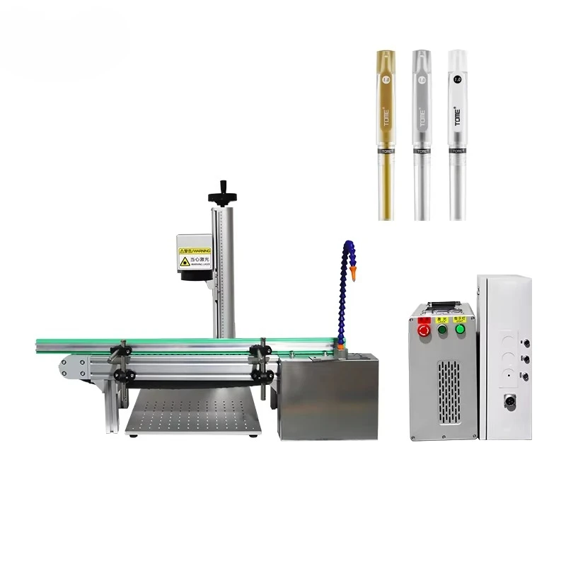 آلة الوسم الطائر بليزر الألياف 30 وات الأوتوماتيكية مع حزام ناقل لوضع علامات على القلم