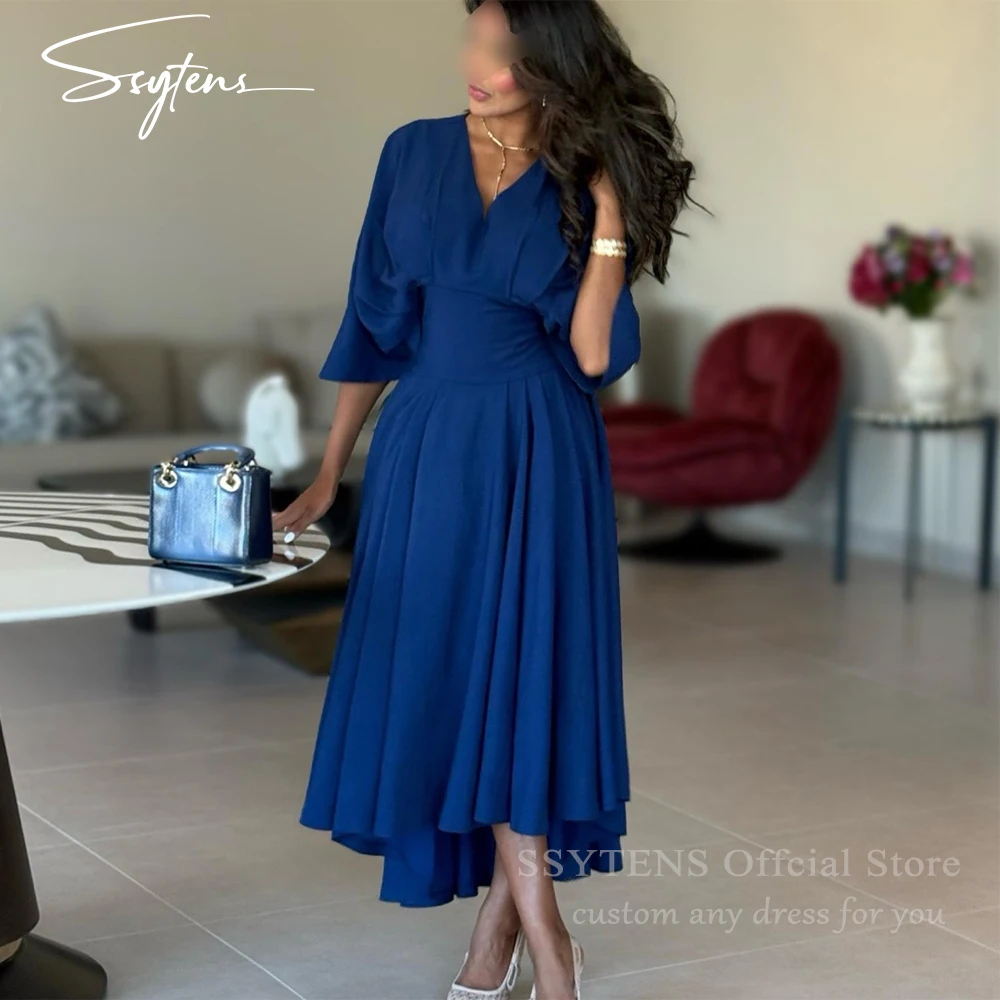 

SSYTENS Elegant Royal Blue Prom Dresses Tea Length A Line Satin Wedding Guest Party Dresses Plus Size Customized Homecoming Gown
