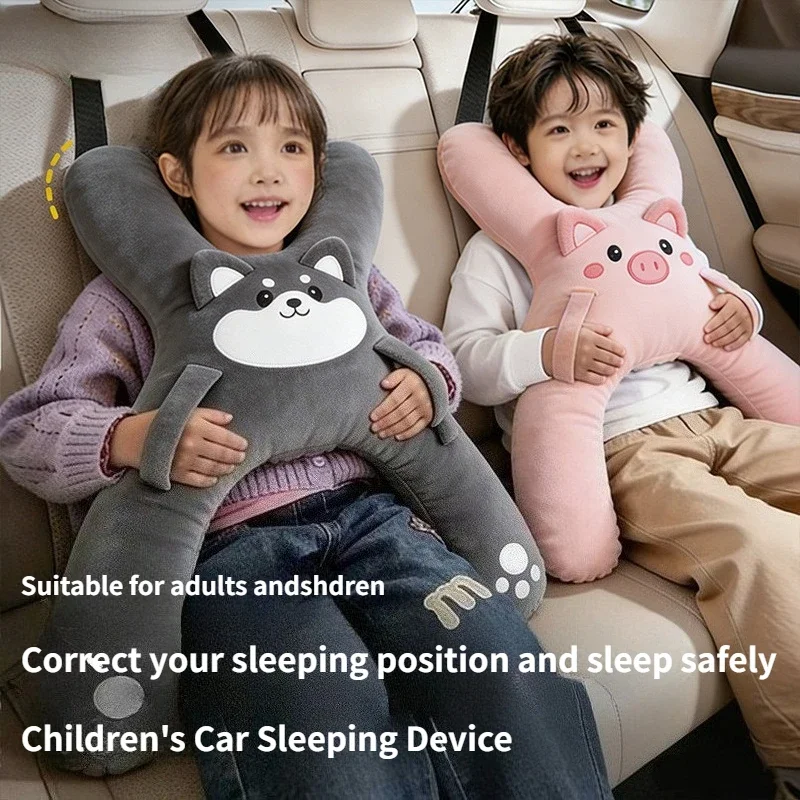 B Cute Cartoon Car Mounted Child Sleeping Pillow Comfortable Breathable Removable Headrest with Lumbar Support for Vehicle