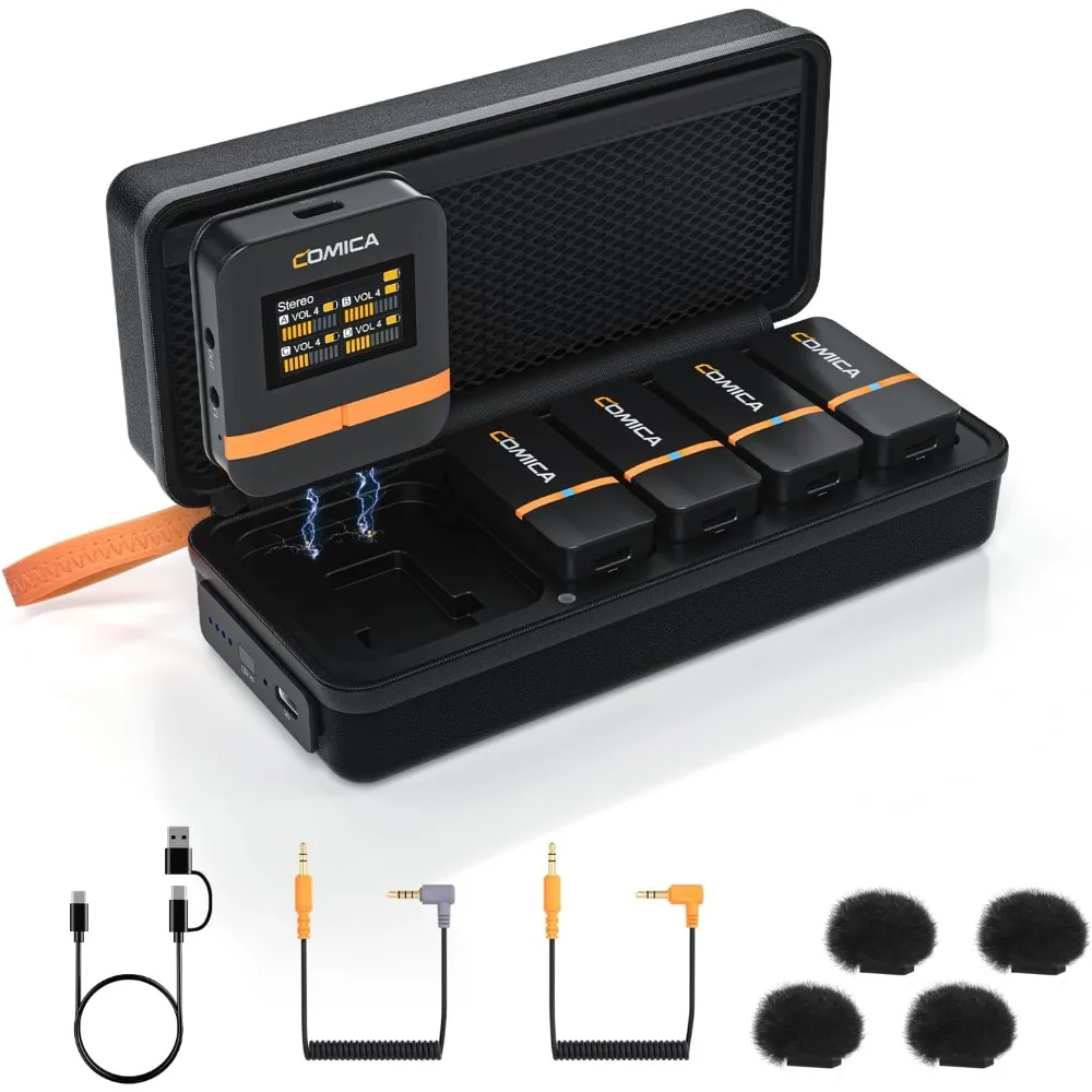 Wireless Lavalier Microphone System with 4 Transmitters and 1 Receiver, 4 Audio Tracks Individual Output, Noise Cancellation