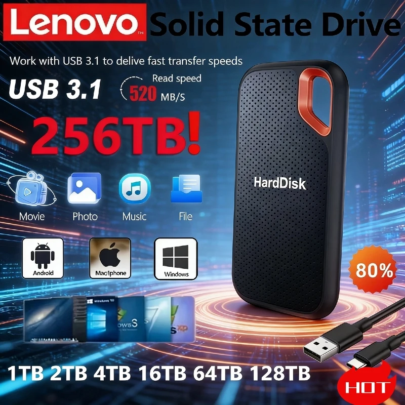 

Внешний SSD-накопитель Lenovo E61, 2 ТБ / 6 ТБ / 8 ТБ / 256 ТБ, портативное устройство хранения данных USB 3.1 для ноутбуков и PS5