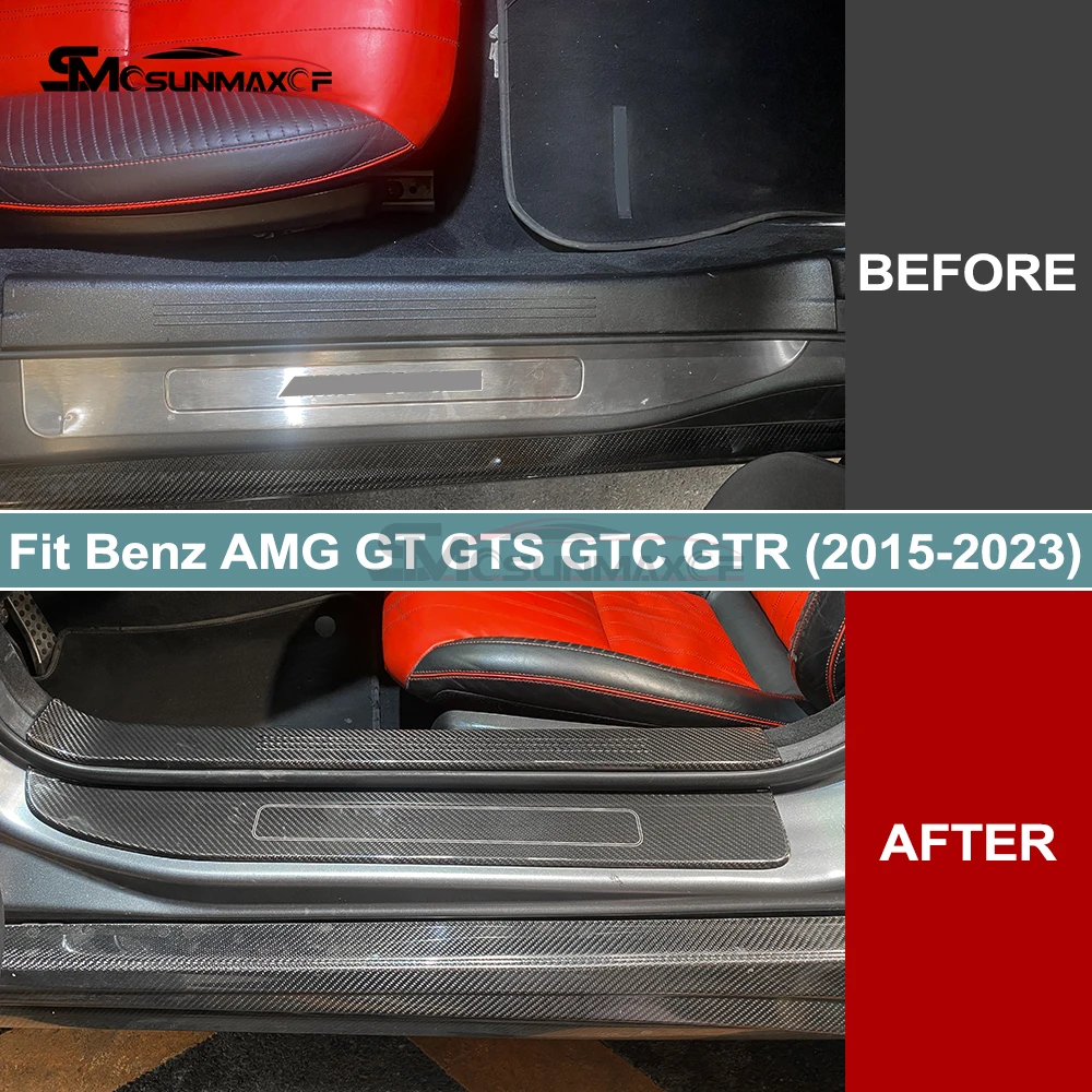 For Benz AMG GT GTS GTC GTR 2015-2023 Dry Real Carbon Fiber Door Sill Threshold Strip Cover Plate Stick On Car Protection Trim
