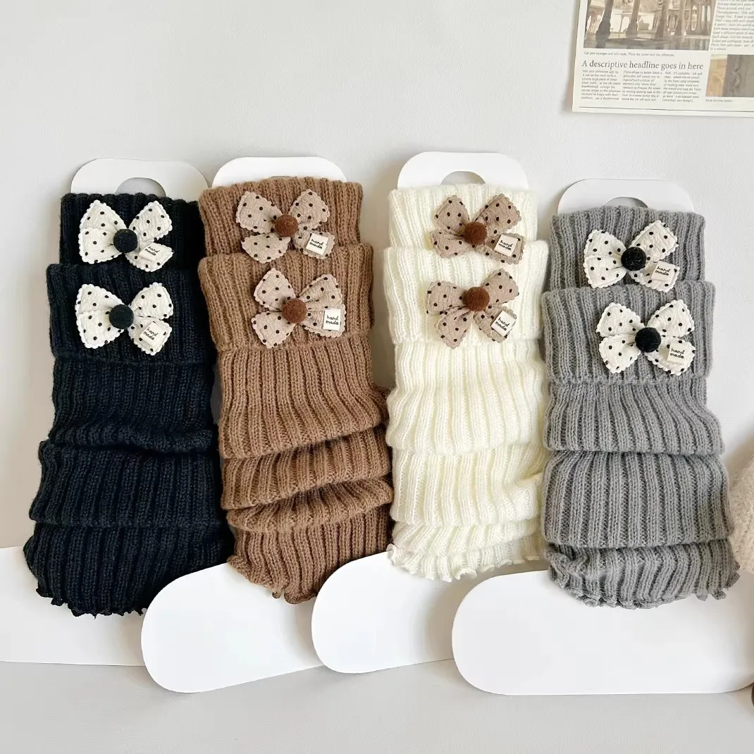 New Solid Color Leg Warmers Thickened Lolita Mid-Calf Sock Knitted Bow Pompom Hosiery Autumn and Winter