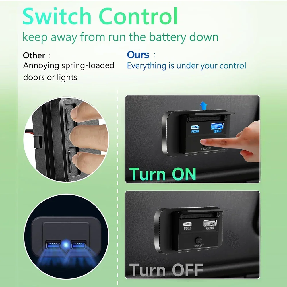 12V-24V Car Charger Outlet PD 30W and QC 3.0 18W USB C Dual Ports Fast Charging Socket Panel with Button Switch for RV Boat Car