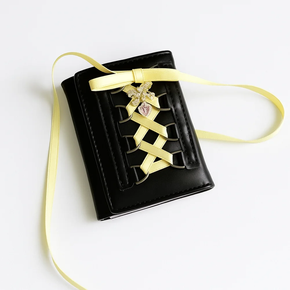 

Korean Style Balletcore Three Fold Wallet Heart Crystal Short Bow Cash Purse Bag Silk Ribbon PU Leather