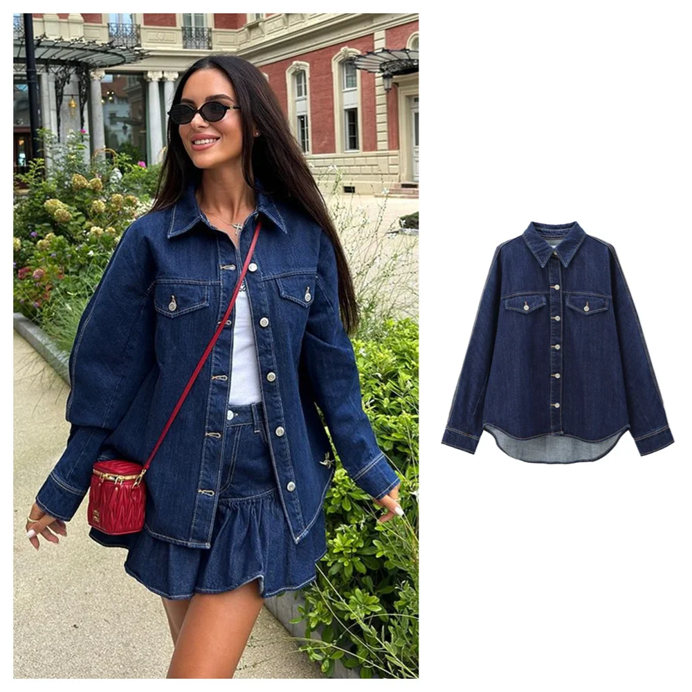 PB&ZA2024 autumn new women's clothing style simple lapel casual pocket decoration denim long sleeved shirt jacket