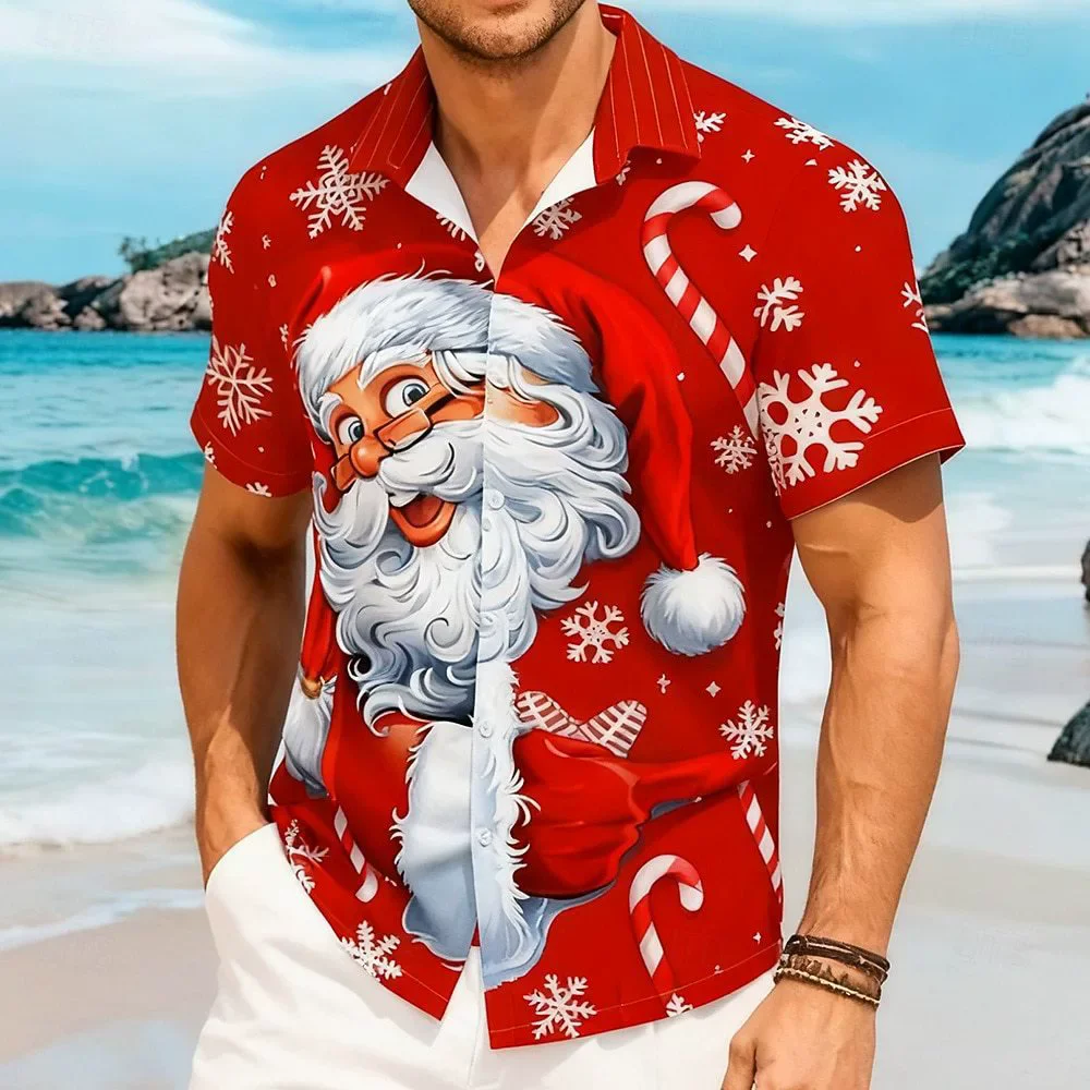 

Модные мужские рубашки с рисунком Санта-Клауса, уличная рождественская мужская блузка с коротким рукавом и 3d принтом, 4XL, повседневная рубашка больших размеров