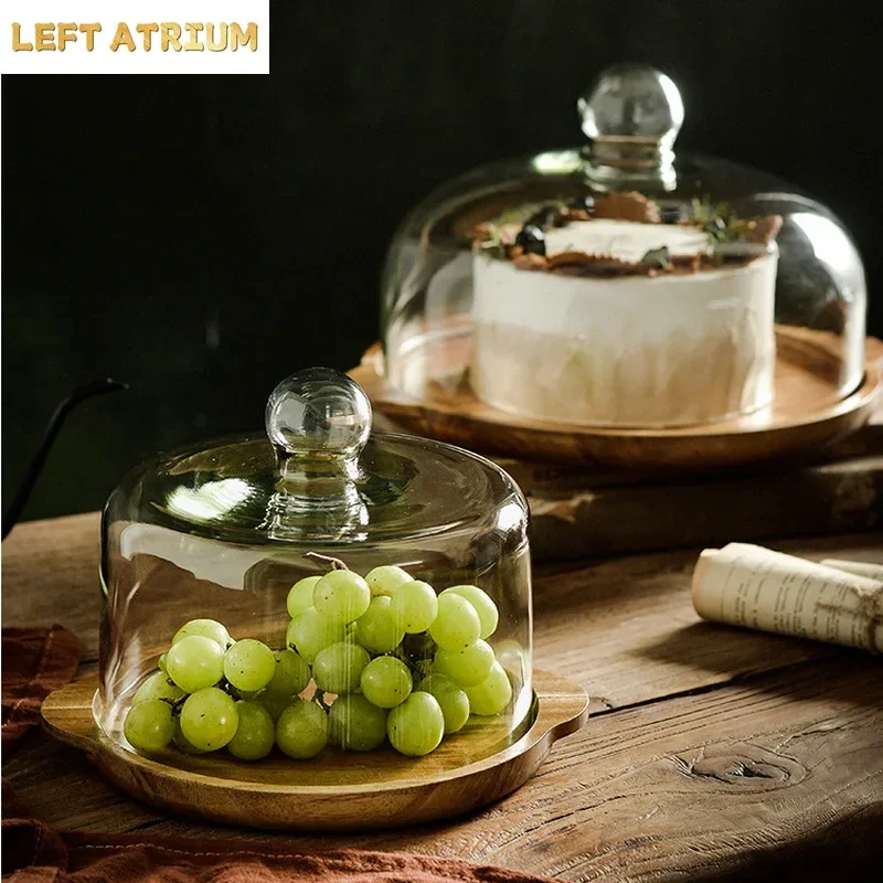 Wood Cake Pan Glass Cover Cake Stand Bread Pan Fruit Tray Dessert Plate Dim Sum Plate Snack Tray Refreshment Trays Display Stand