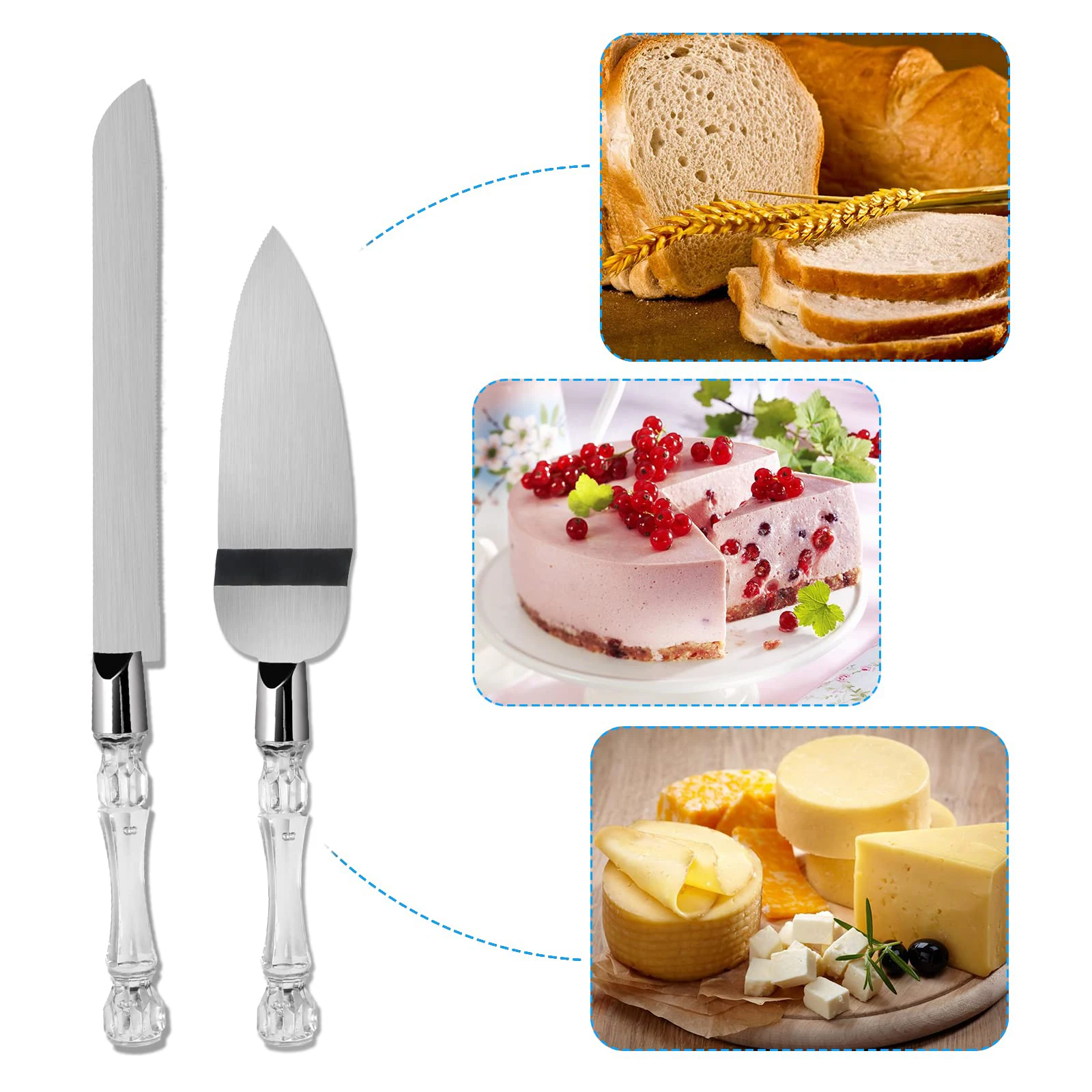 Cake Knife and Server Set Crystal Handles Stainless Steel Blade Cake Cutter and Pie Spatula for Birthday Wedding Christmas Party