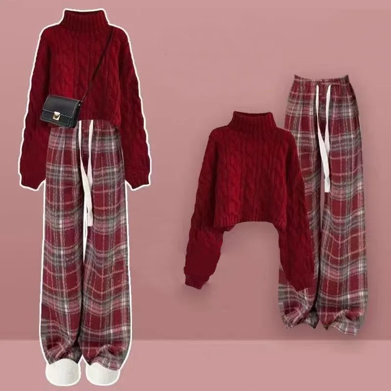 Autumn and Winter Two-piece Set Women's New Holiday Outfit Red Sweater with Base Coat Wide Leg Pants Three Piece Set Pant Set