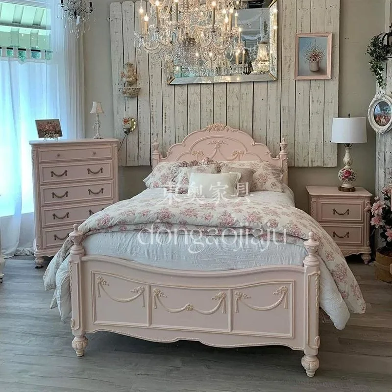 French retro pink solid wood carving flower princess bed/French light luxury 1.8 meters double bed girl heart master bedroom wed