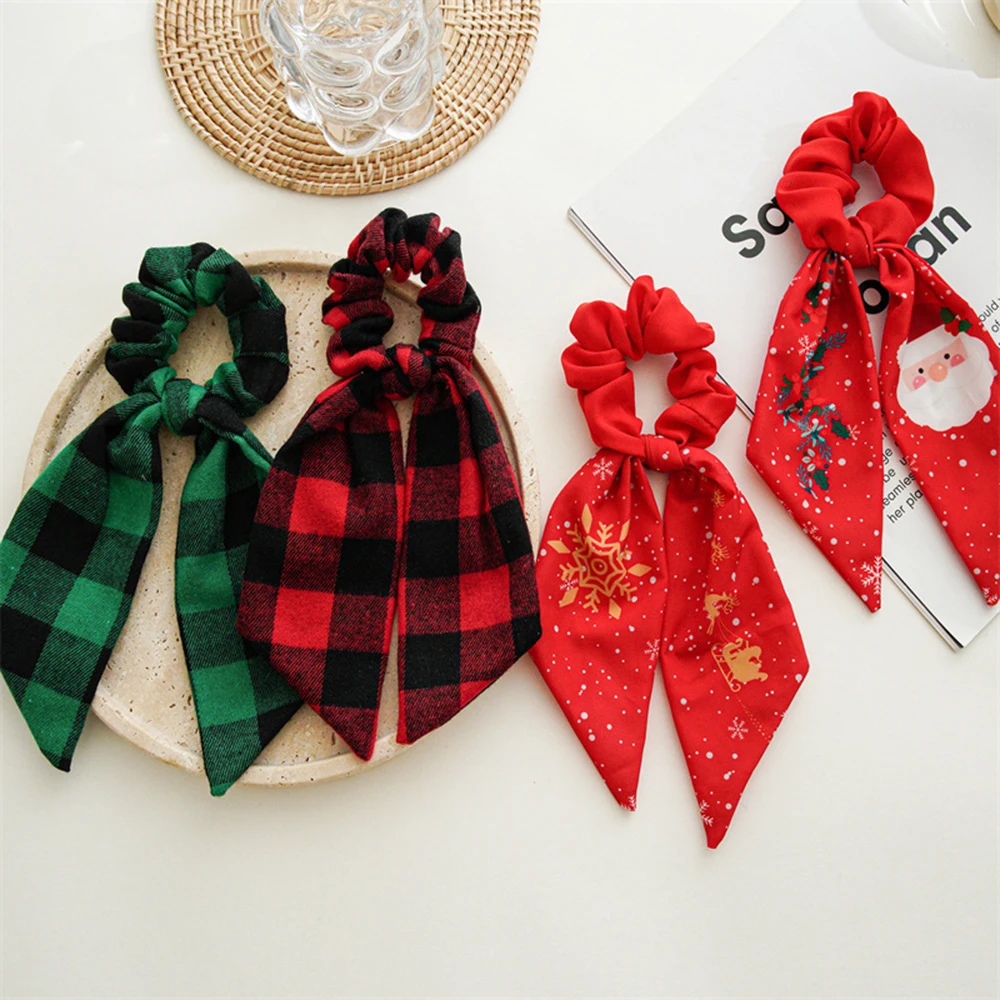 Ponytail Ribbon Hair Tie Santa Claus Elastic Hair Band Christmas Style Plaid Scrunchies Simple Fashion DIY Hair Accessories