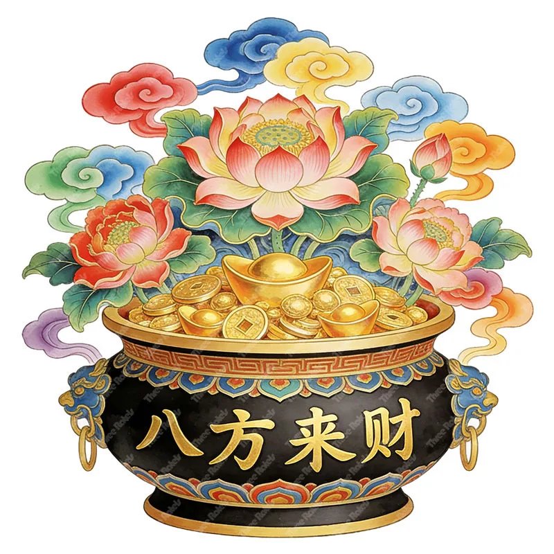 Three Ratels CEE245  Oriental Mysterious Wealth Attracting Treasure Bowl Wall Decal for Home Decoration Door Sticker Entrance Ar