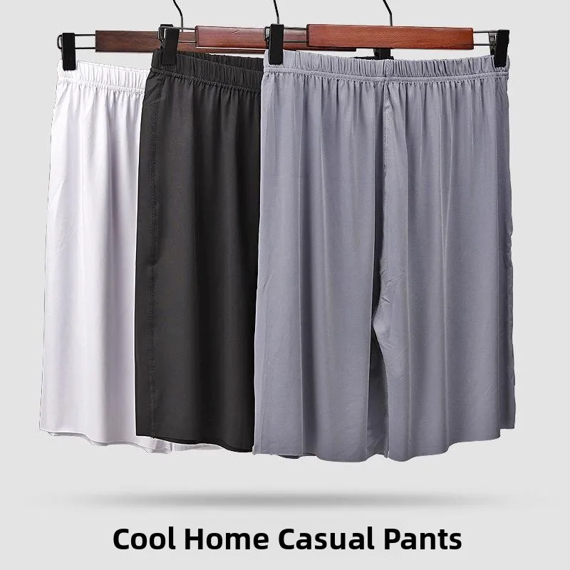 

Men's Summer Ice Silk Loose Short Pants Comfortable Home Leisure Sleepwear Polyester Fabric No-Neck Design Eight-Sleeve Style