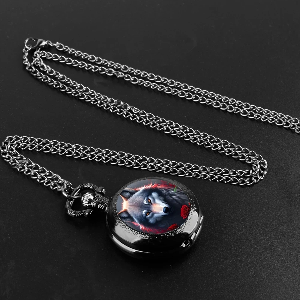 10pcs/lot Unique Wolf Animal Pattern Quartz Pocket Watch Black Necklace Pendant World-Time Feature Analog Display For Women Men