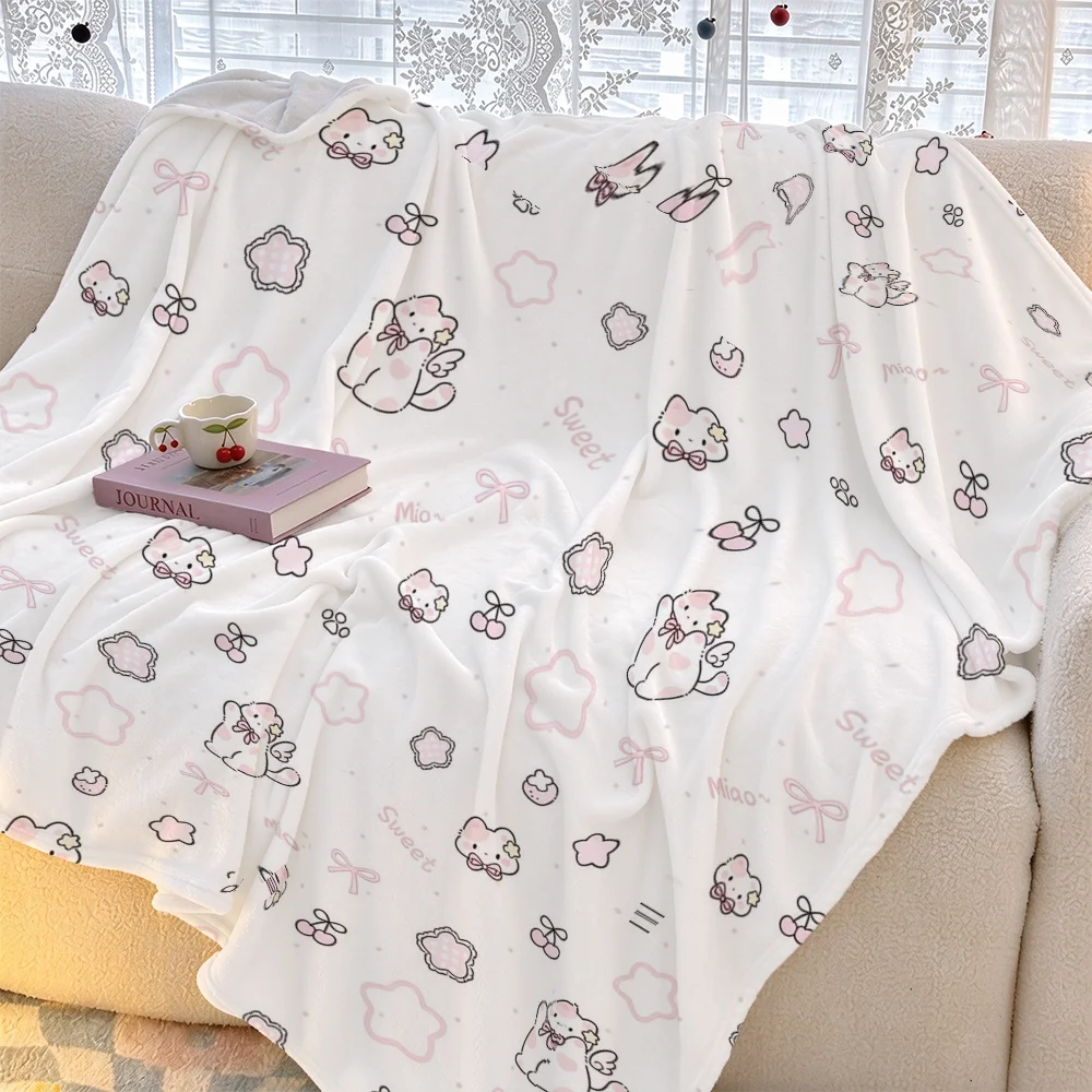 Cute Cartoon Cat Printed Flannel Throw Blanket Soft Warm Sofa Baby Camping Car Blanket For Bed Living Room Gift