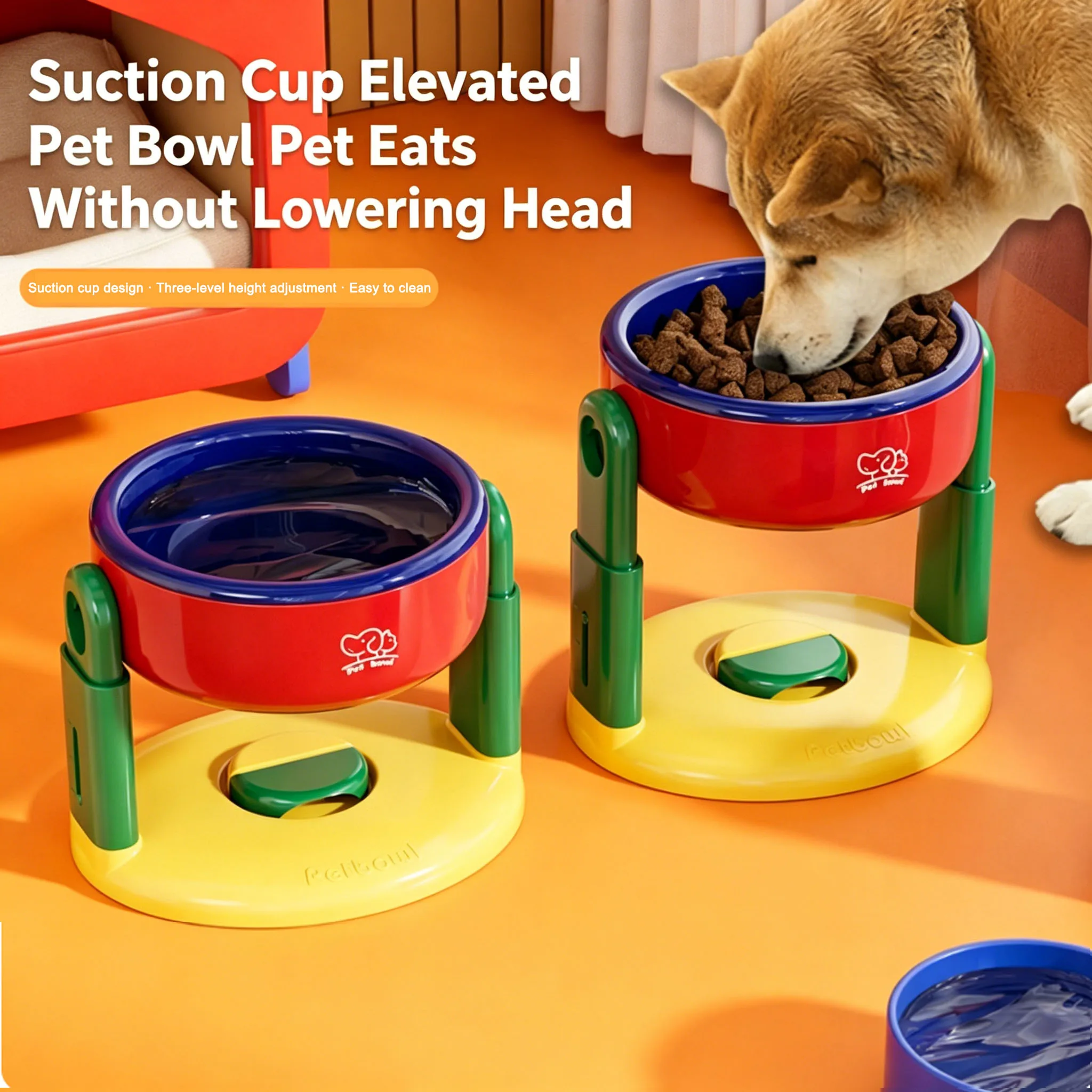 Adjustable Raised Pet Bowl with Suction Cup, Anti-Slip Anti-Tip Feeding Dish, Height Adjustable Cat Dog Water Food Bowl, Neck Ce