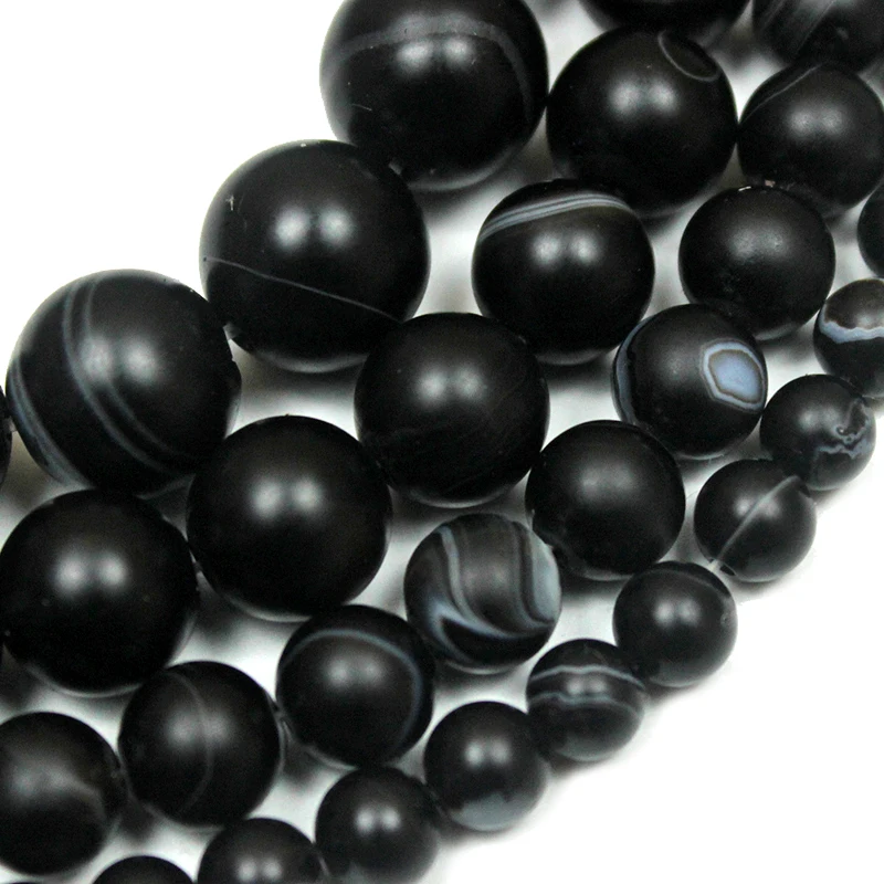 Natural Stone Striped Onyx Black Agates Matte Round Loose Beads 15\