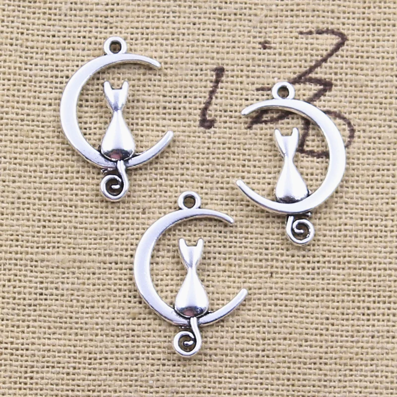 30pcs Charms Moon Cat 21x14mm Antique Silver Color Pendants Making DIY Handmade Tibetan Finding Jewelry