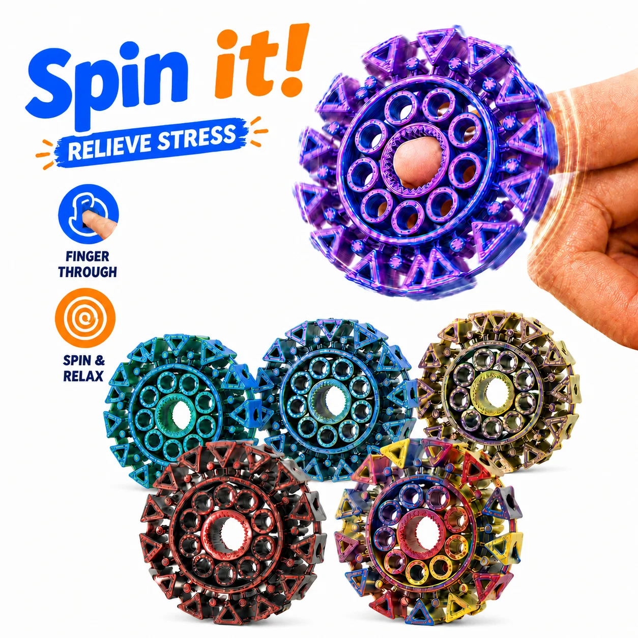 Sawtooth Gear Fidget Spinner, Finger Through Gyro, Portable Stress Relief EDC Toy, Great Gift for Halloween, Christmas & Easter