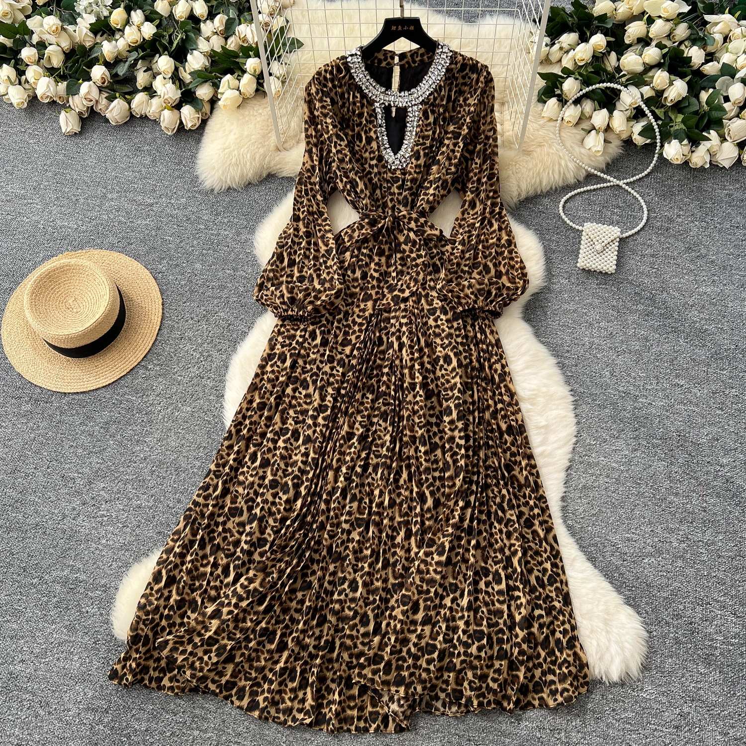 

Elegant Sexy High Waist leopard rhinestone Vacation Vestidos Slim Women Party Ceremonial Dress
