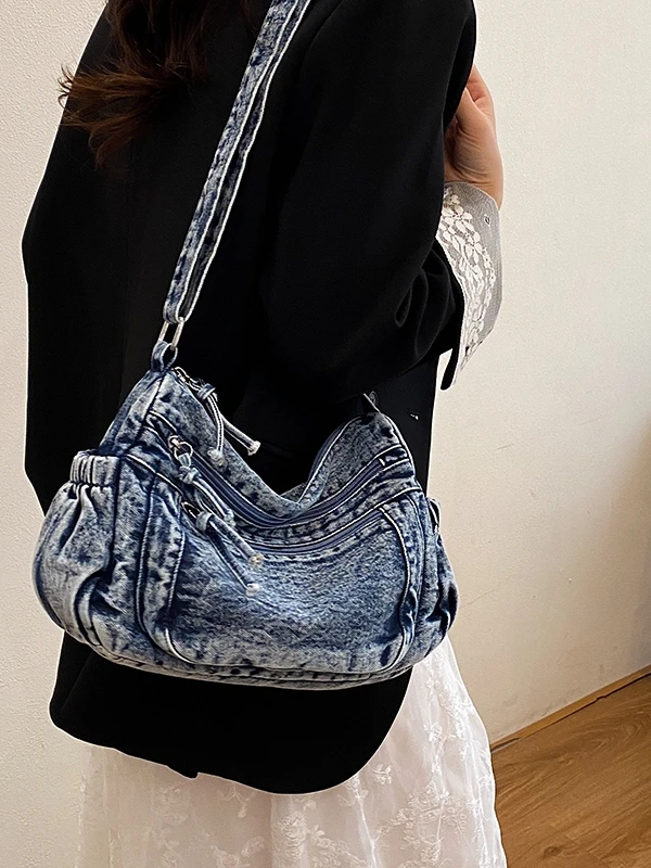 

Retro Denim Large Capaci Women's Crossbody Bag Commute Multi-layer Mom Bag Faion Lazy American-sle Single oulder Bag