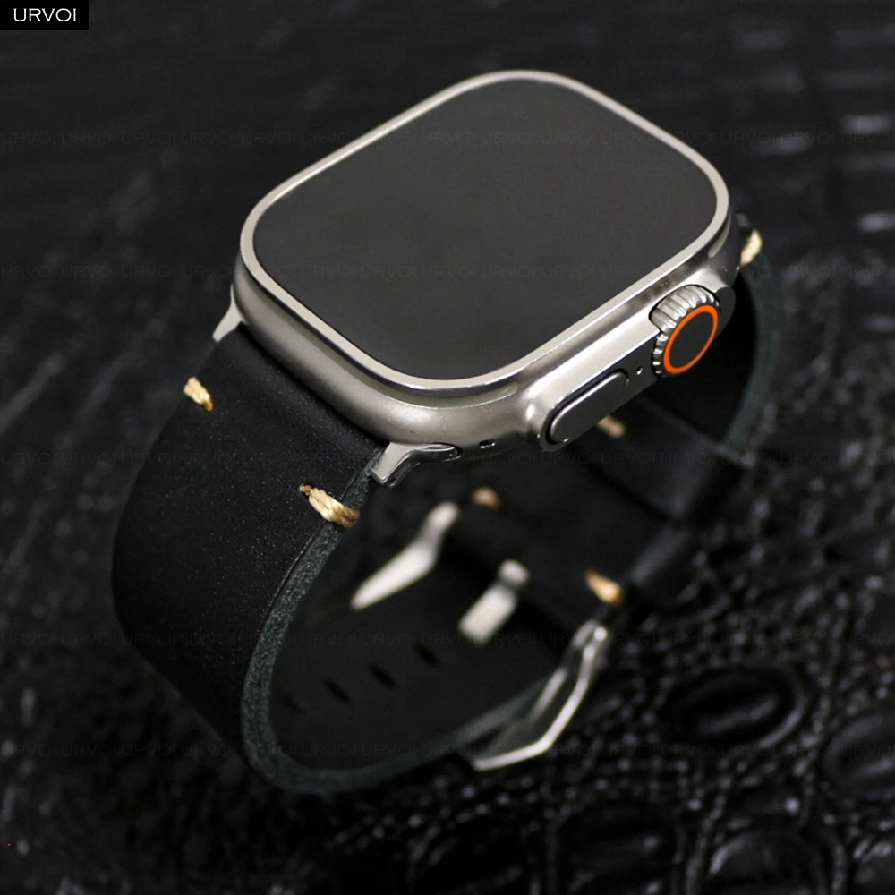 

URVOI Strap for Apple Watch Ultra 2 1 series 10 9 8 7 6 SE Vintage Crazy Horse Fine Leather band for iWatch Pin V stitches 49mm