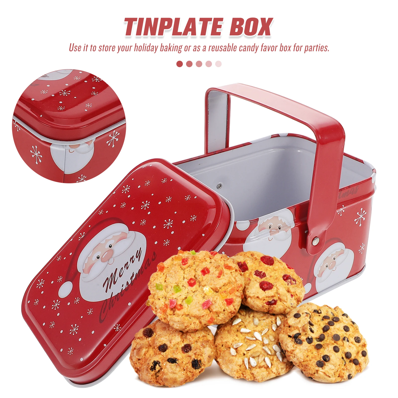 

Christmas Tin Box with Handle Reusable Metal Cookie Container Holiday Cookie Packaging Decorative Candy Jar Biscuit Tin for Xmas