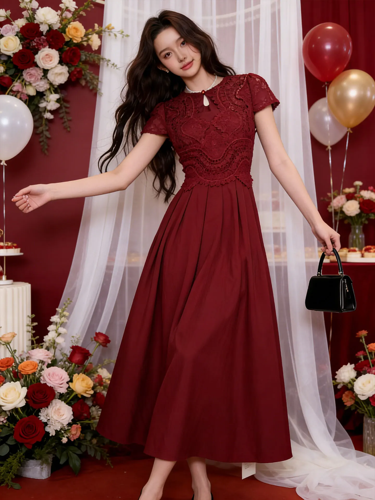 

Elegant Red Short Sleeve Wedding Dress Chinese New Style Luxury Minimalist Elegant Perfect for Wedding Celebration Party