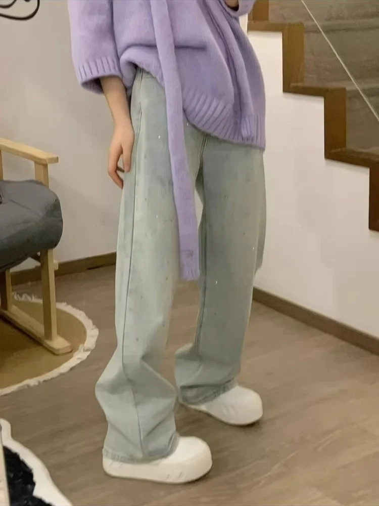 Pantalones de pierna ancha de cintura alta de mezclilla con diamantes de imitación americanos de talla grande para mujer Otoño Pear ape Coupe holgado Adelgazante Pierna recta...