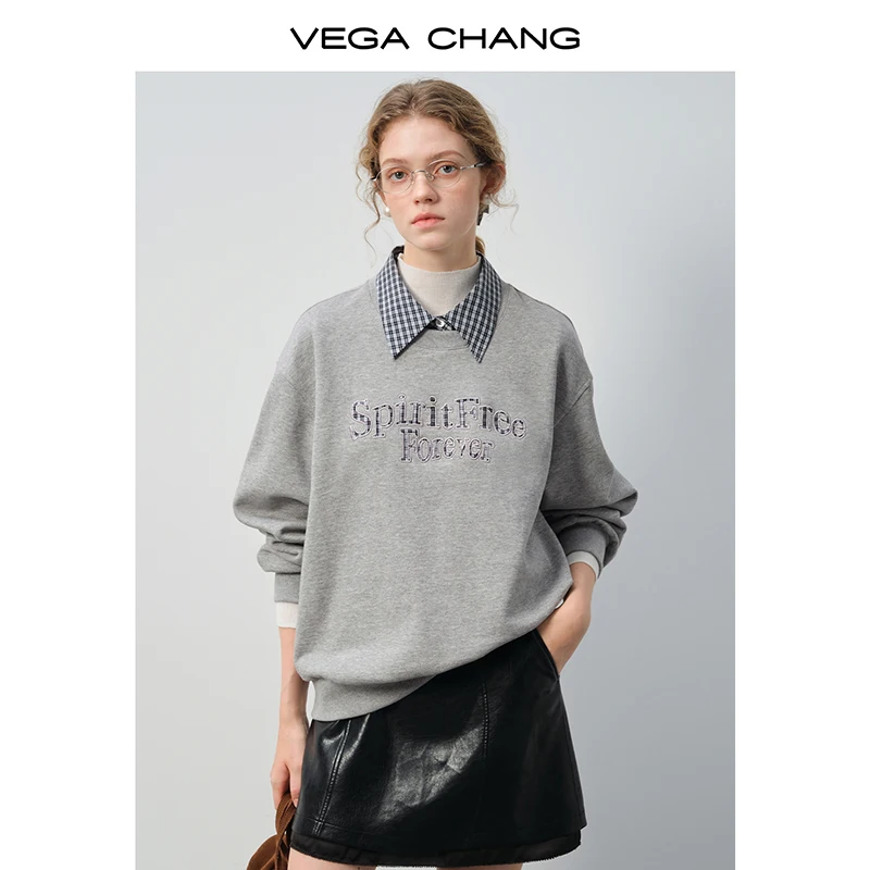 سويت شيرت نسائي شتوي جديد بياقة منقوشة على الطراز الكوري من Vega Chang