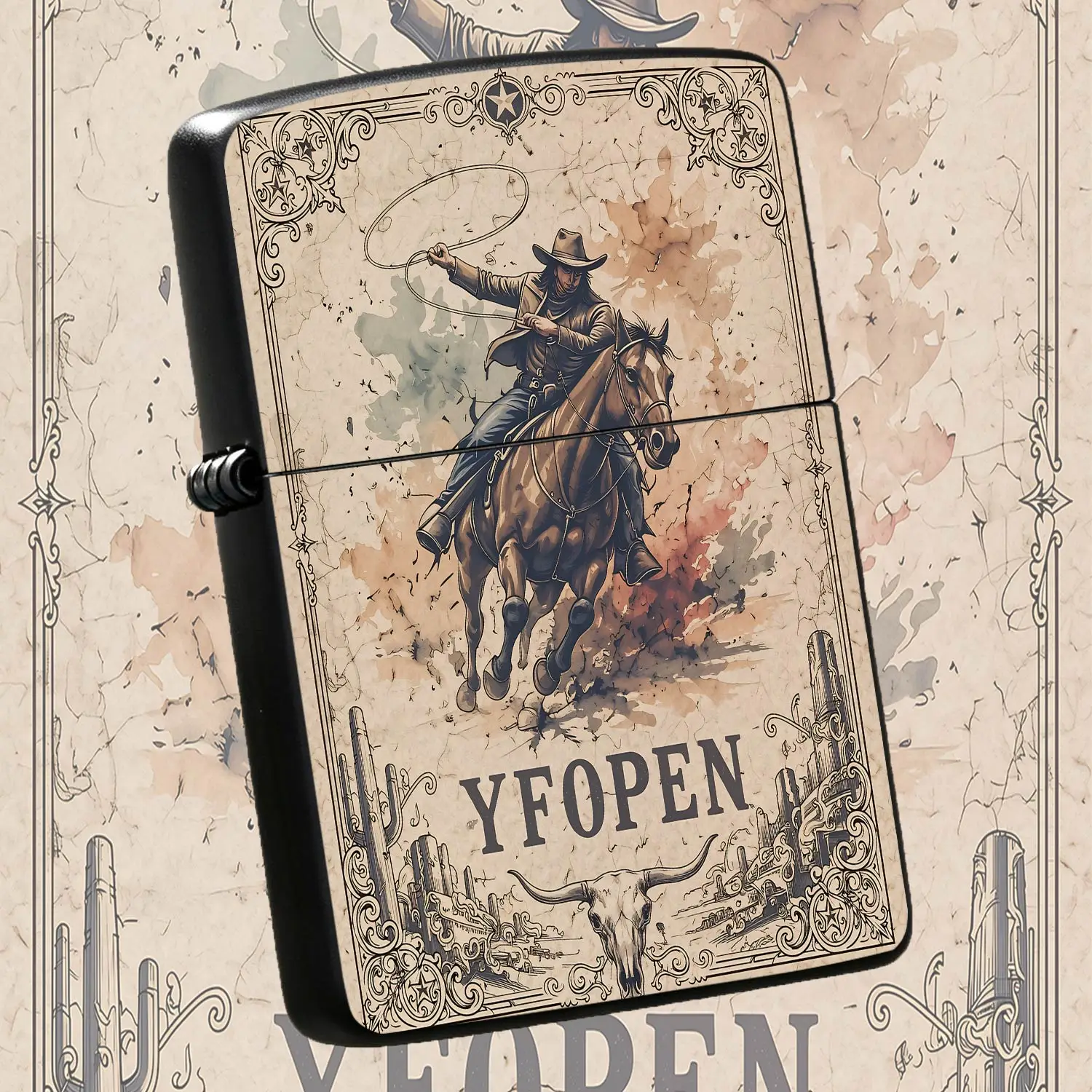 Vintage Western Cowboy Lighter, Galloping Horse With Lasso Art, Retro Distressed Paper Style Ornate Border Design, Yfopen Print, Ideal For Daily Carry, Gifting, Collection, Outdoor Use, Classic Western Themed Decorative A Humorous And Inter